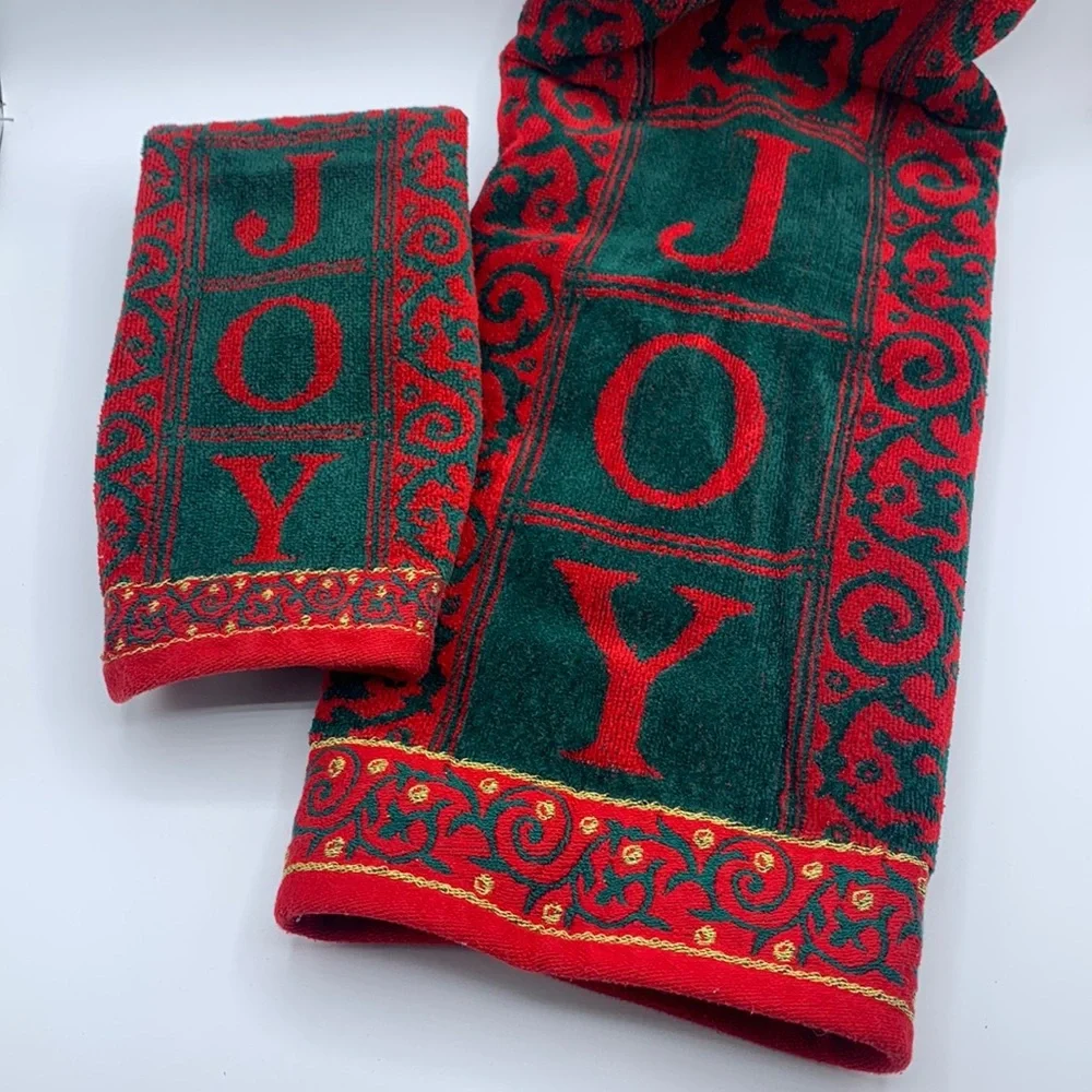 Vintage JCPenney Home Collection Cotton Red Green JOY Bath Towel & Hand Towel